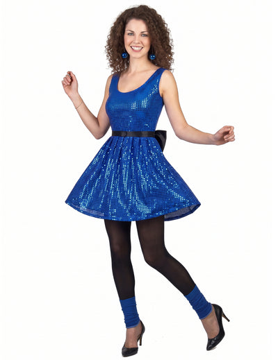 Disfarce vestido disco azul com lantejoulas e laço mulher