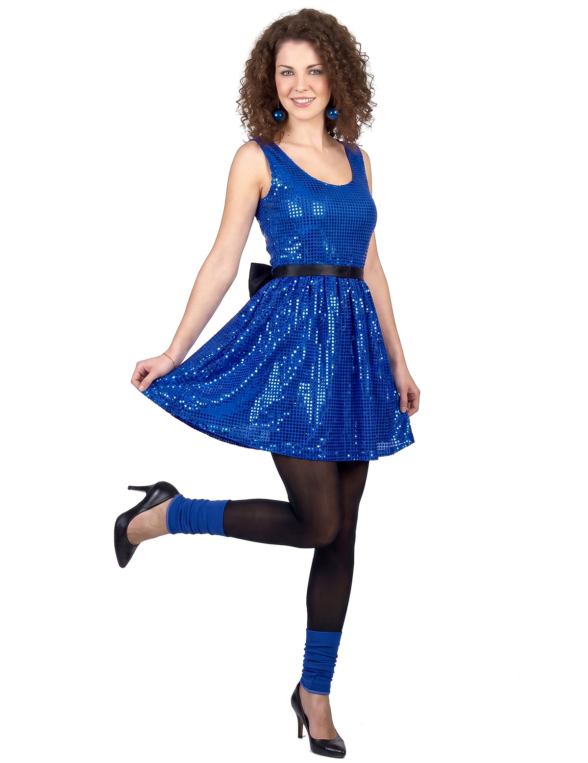 Disfarce vestido disco azul com lantejoulas e laço mulher