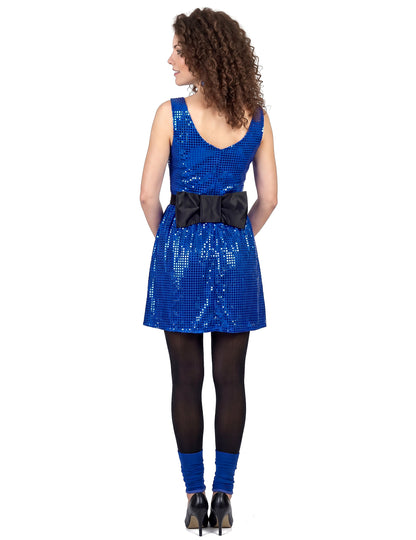 Disfarce vestido disco azul com lantejoulas e laço mulher