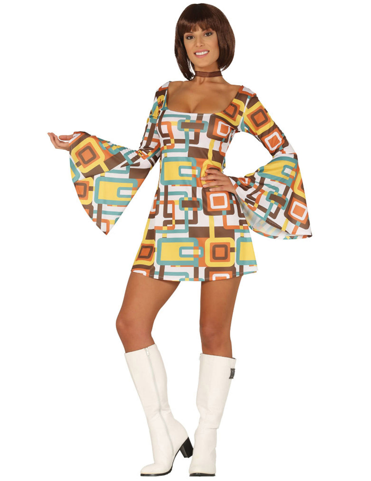 Déguisement robe disco géométrique pour femme multicolore à motifs rétro et manches évasées