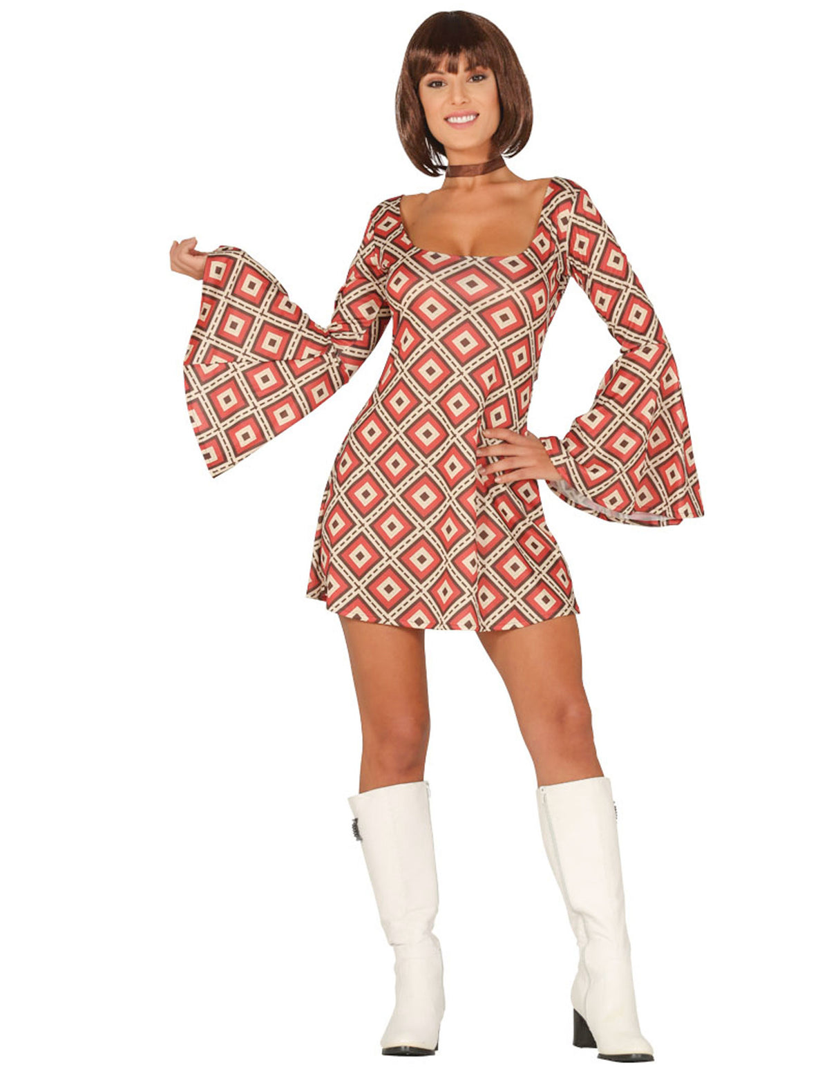 Déguisement robe disco losange pour femme rouge et beige à manches évasées