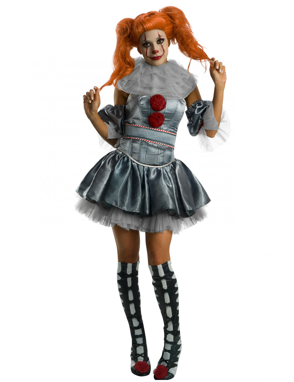 Déguisement robe Grippe-sou Ca™ pour femme gris satiné avec collerette et pompons rouges