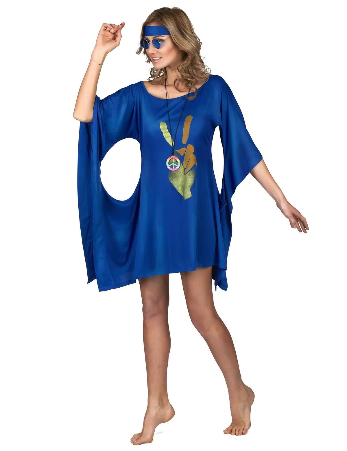 Vista frontal do disfarce vestido hippie peace and love para mulher
