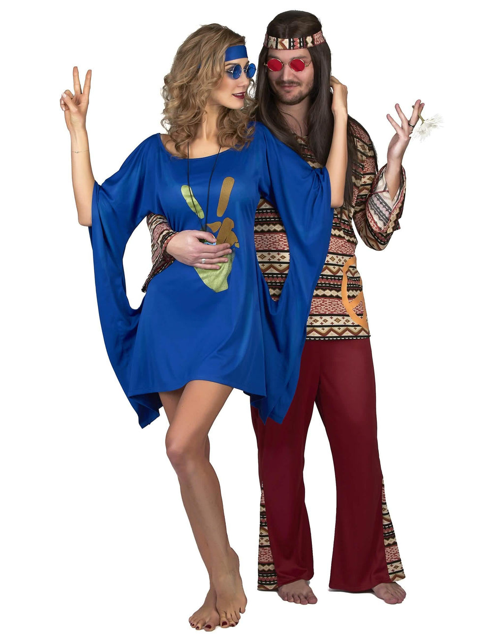 Versão casal do disfarce vestido hippie peace e love para mulher