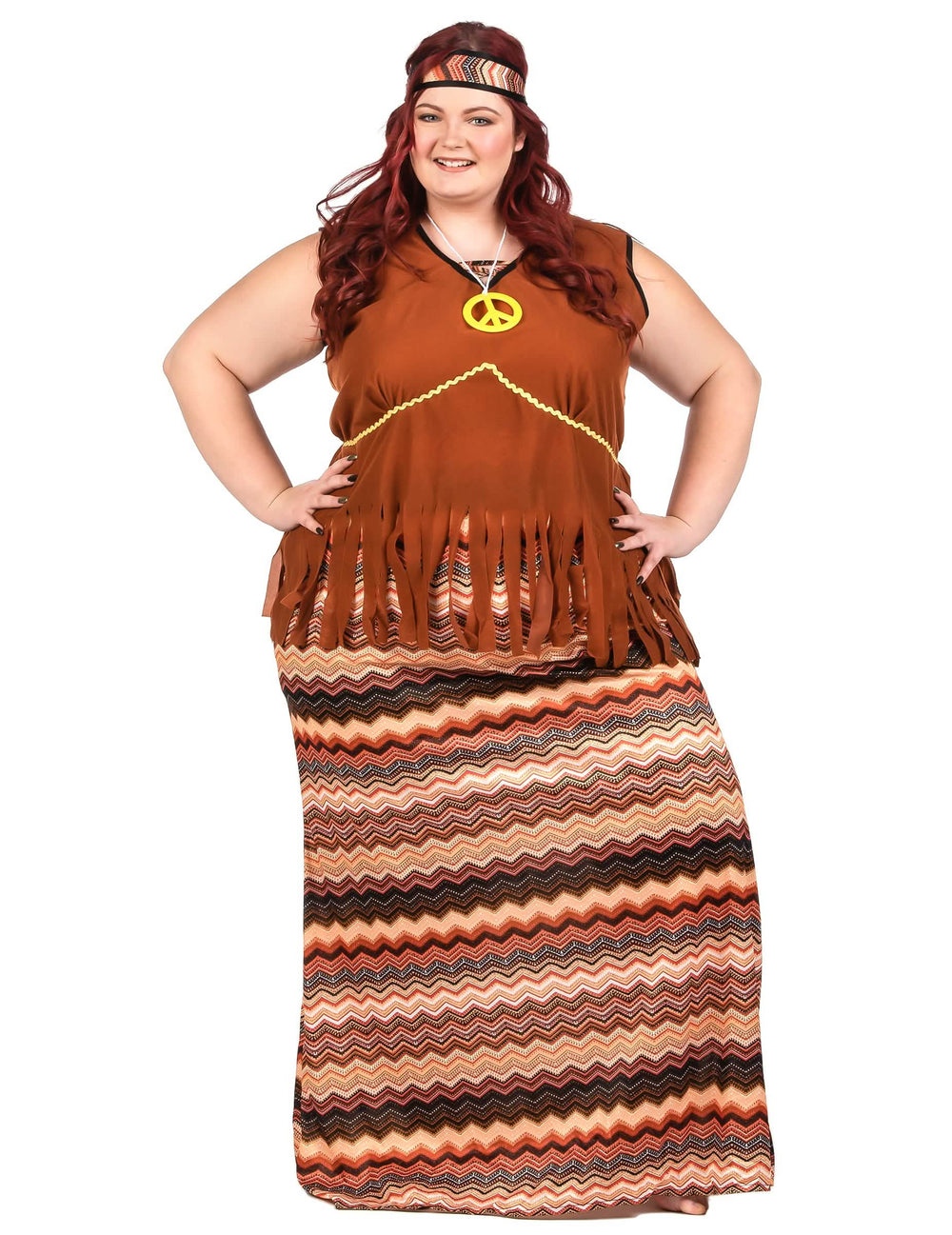 Disfarce de vestido hippie comprido para mulher de tamanho grande castanho com padrões em ziguezague