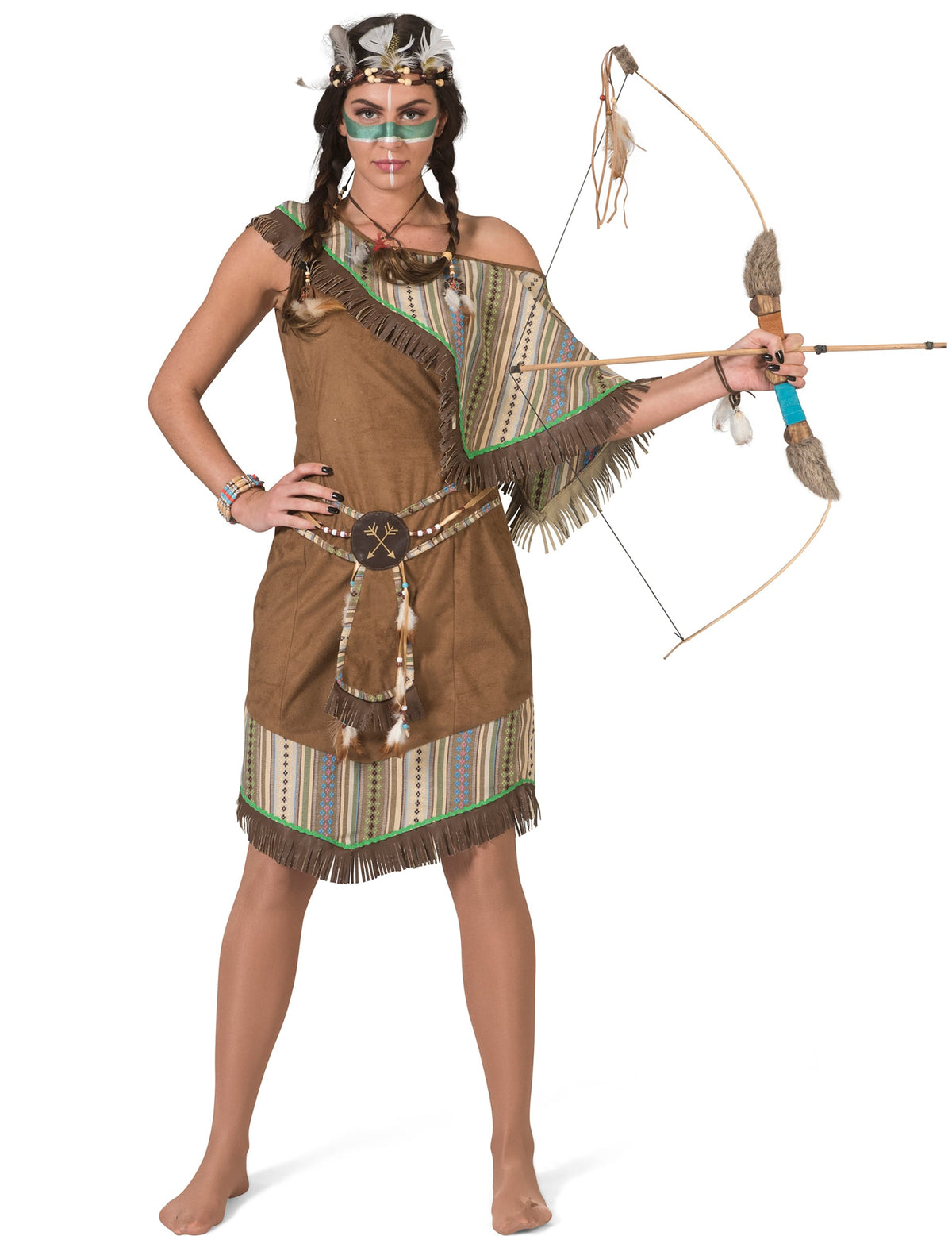 Déguisement robe indienne luxe pour femme marron à franges avec motifs ethniques