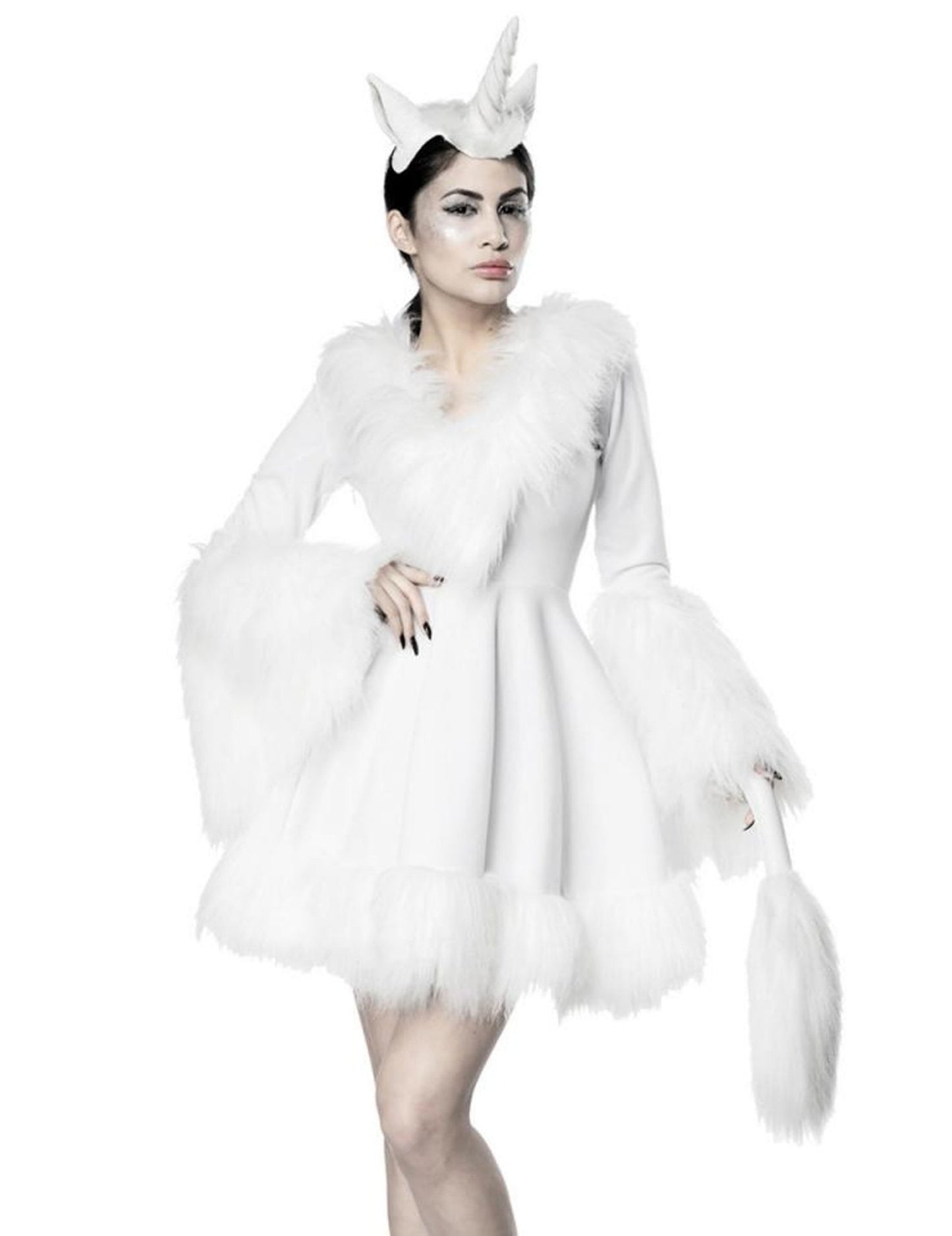Déguisement robe licorne pour femme blanche sexy avec fausse fourrure