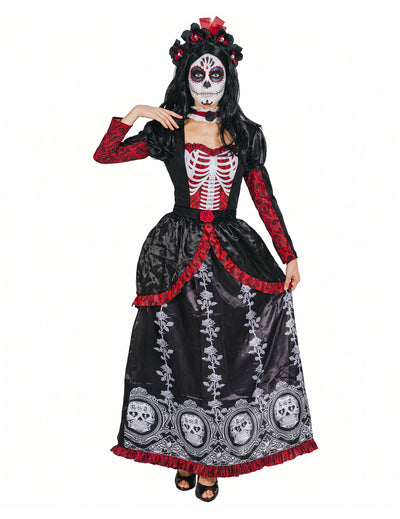 Disfarce vestido comprido do Dia de los muertos para senhora