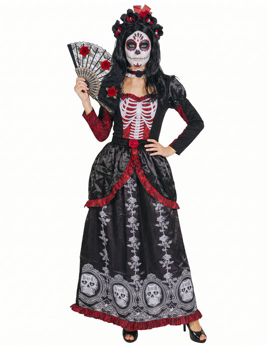 Disfarce vestido comprido do Dia de los muertos para senhora