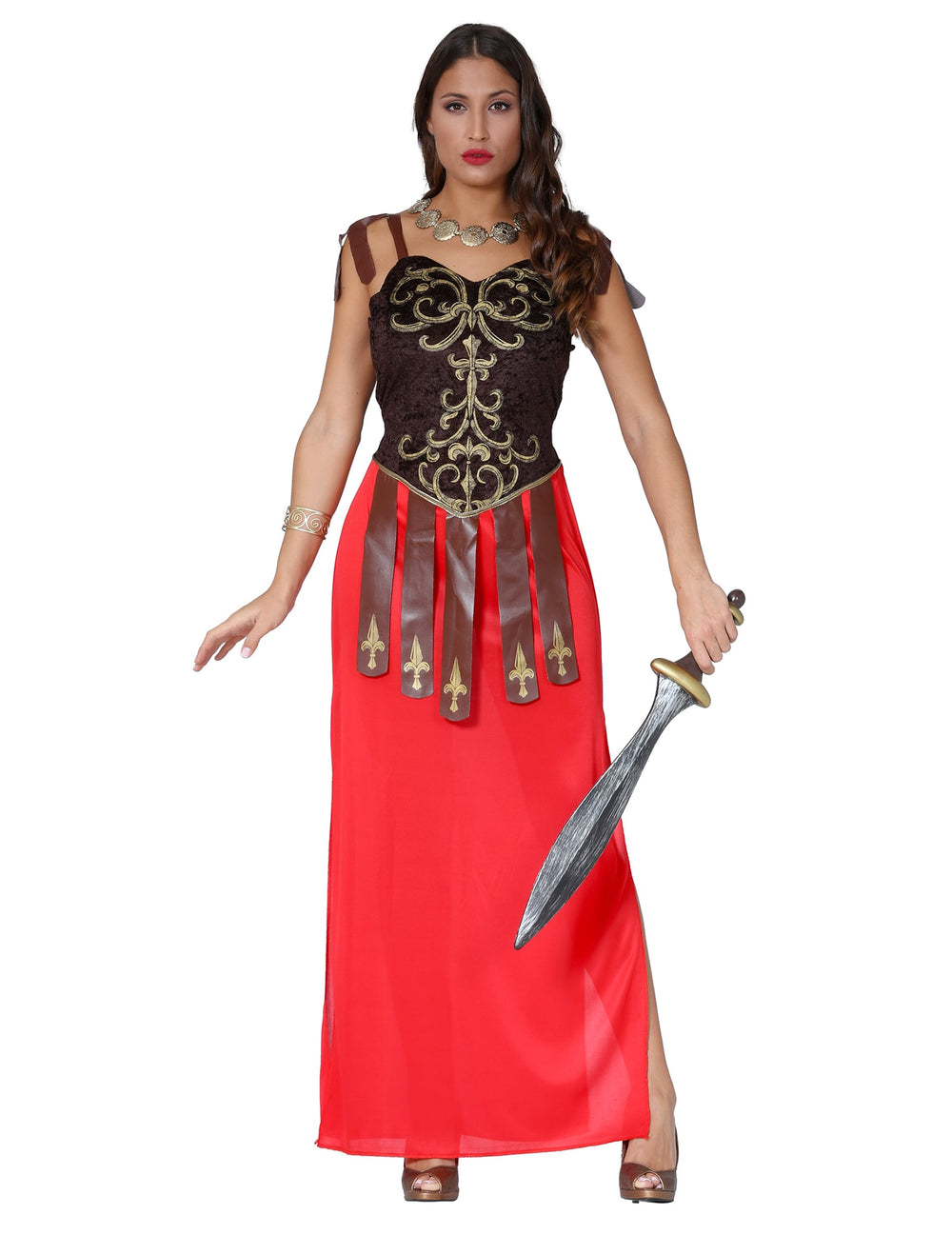 Déguisement robe longue guerrière pour femme rouge et marron avec bustier doré
