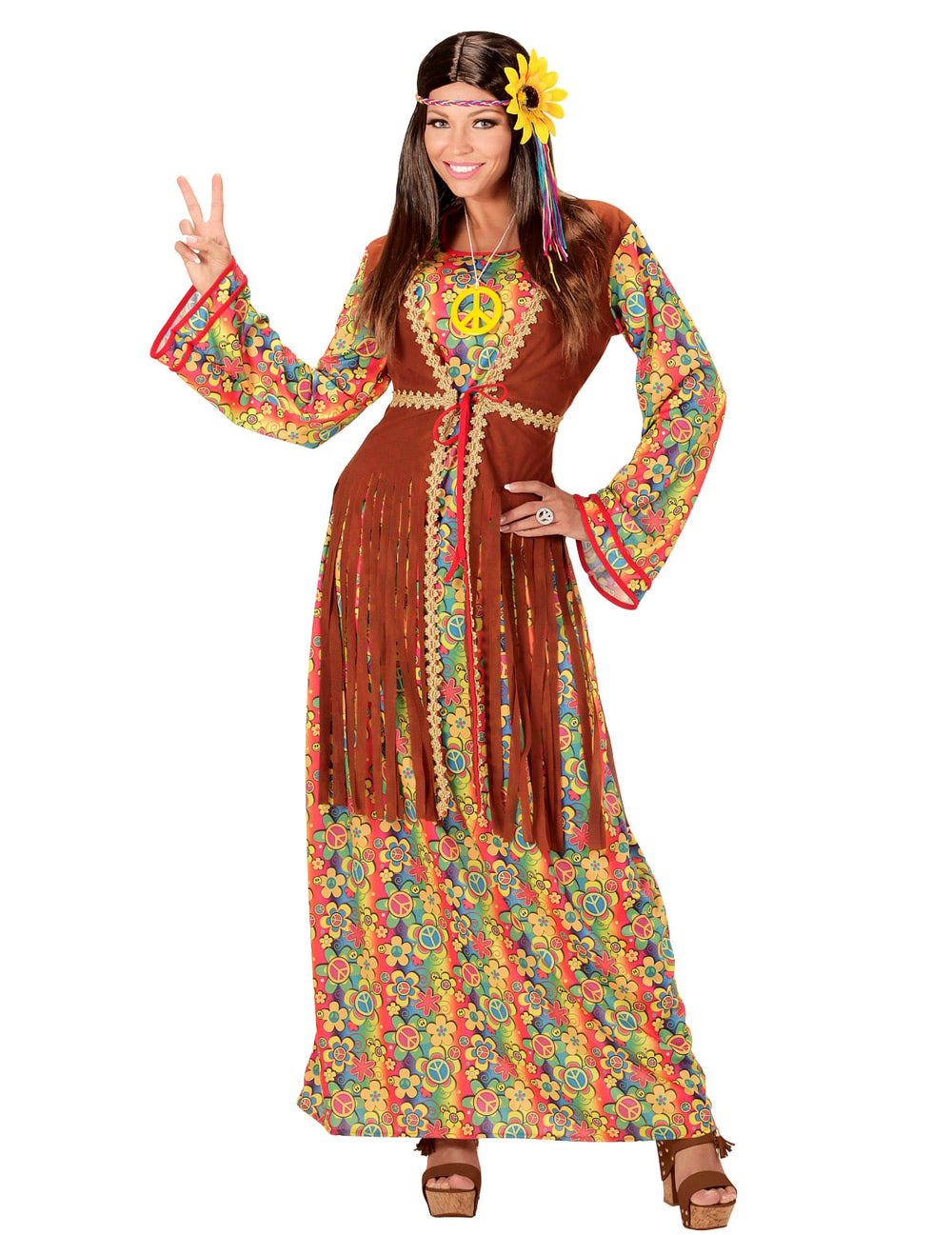 Déguisement robe longue hippie à franges pour femme multicolore et marron