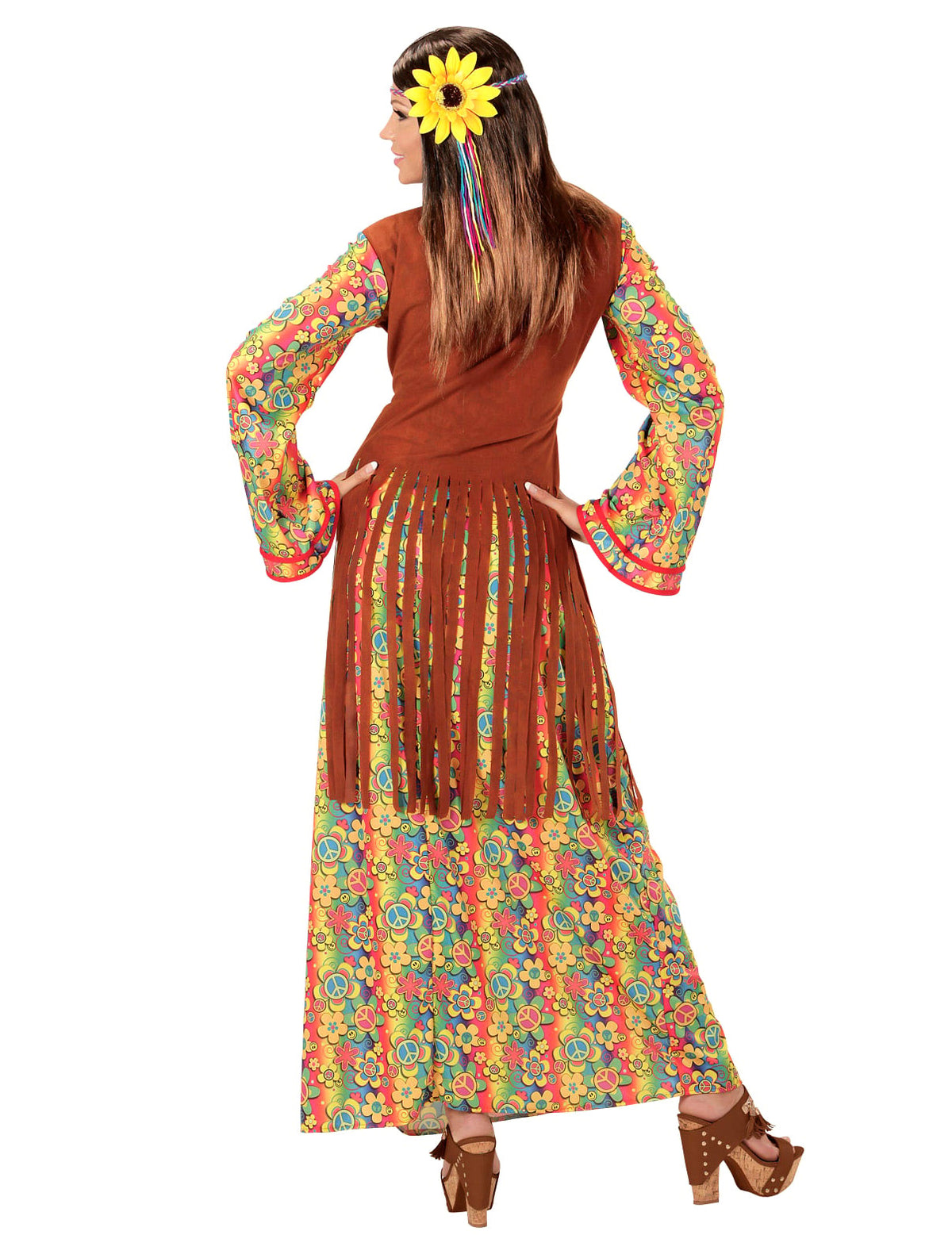 Vue de dos du déguisement robe longue hippie à franges pour femme