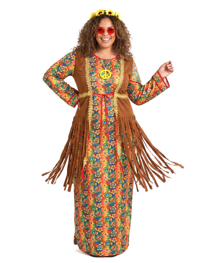 Disfarce hippie comprido com franjas para mulher tamanho grande