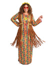 Disfarce hippie comprido com franjas para mulher tamanho grande
