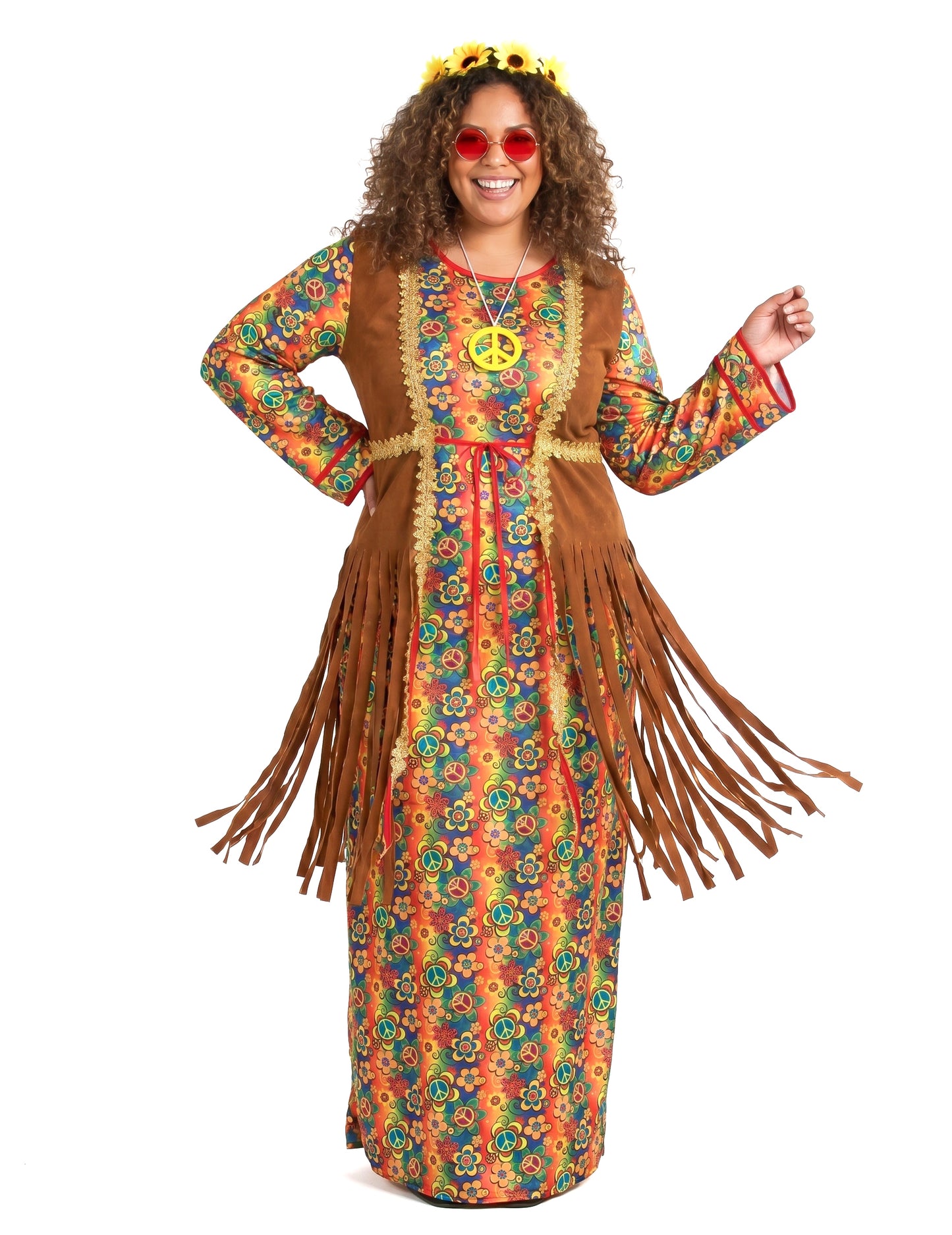 Disfarce hippie comprido com franjas para mulher tamanho grande