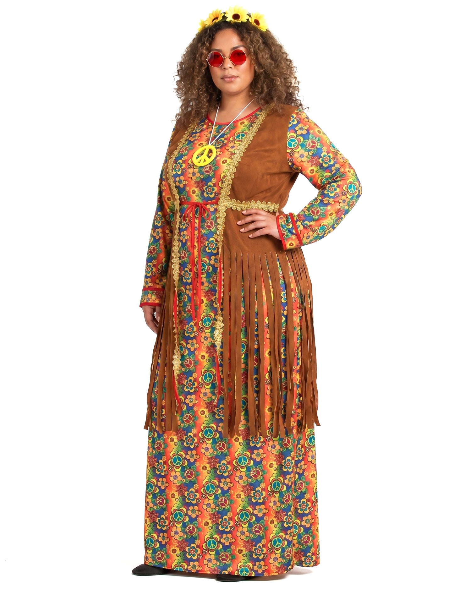 Disfarce hippie comprido com franjas para mulher tamanho grande