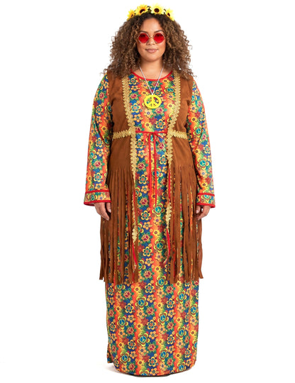 Disfarce hippie comprido com franjas para mulher tamanho grande
