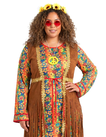 Disfarce hippie comprido com franjas para mulher tamanho grande