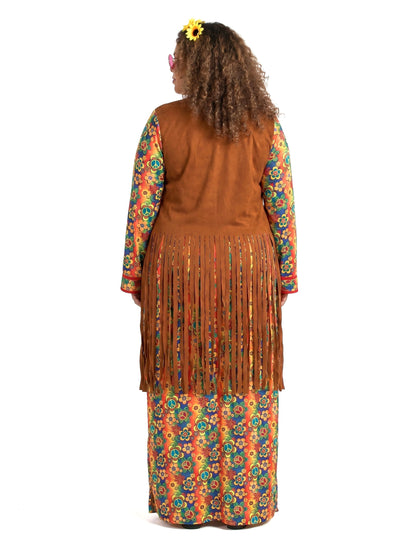 Disfarce hippie comprido com franjas para mulher tamanho grande