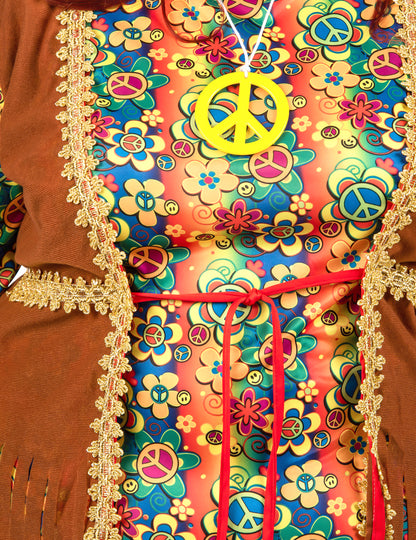 Disfarce hippie comprido com franjas para mulher tamanho grande