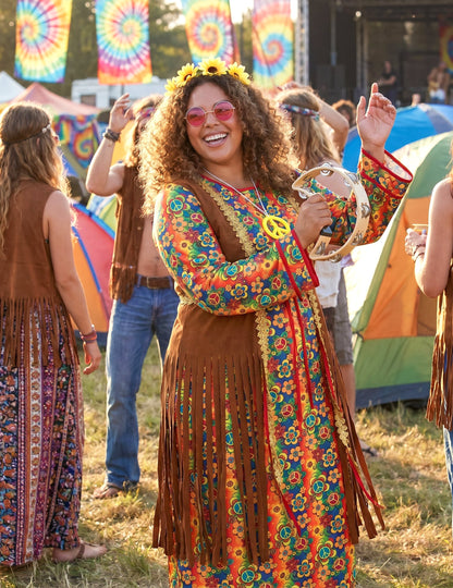 Disfarce hippie comprido com franjas para mulher tamanho grande