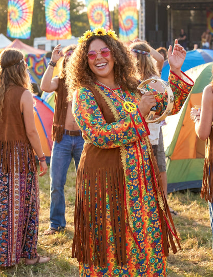 Disfarce hippie comprido com franjas para mulher tamanho grande