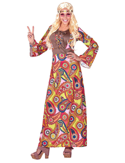 Disfarce vestido comprido hippie colorido mulher
