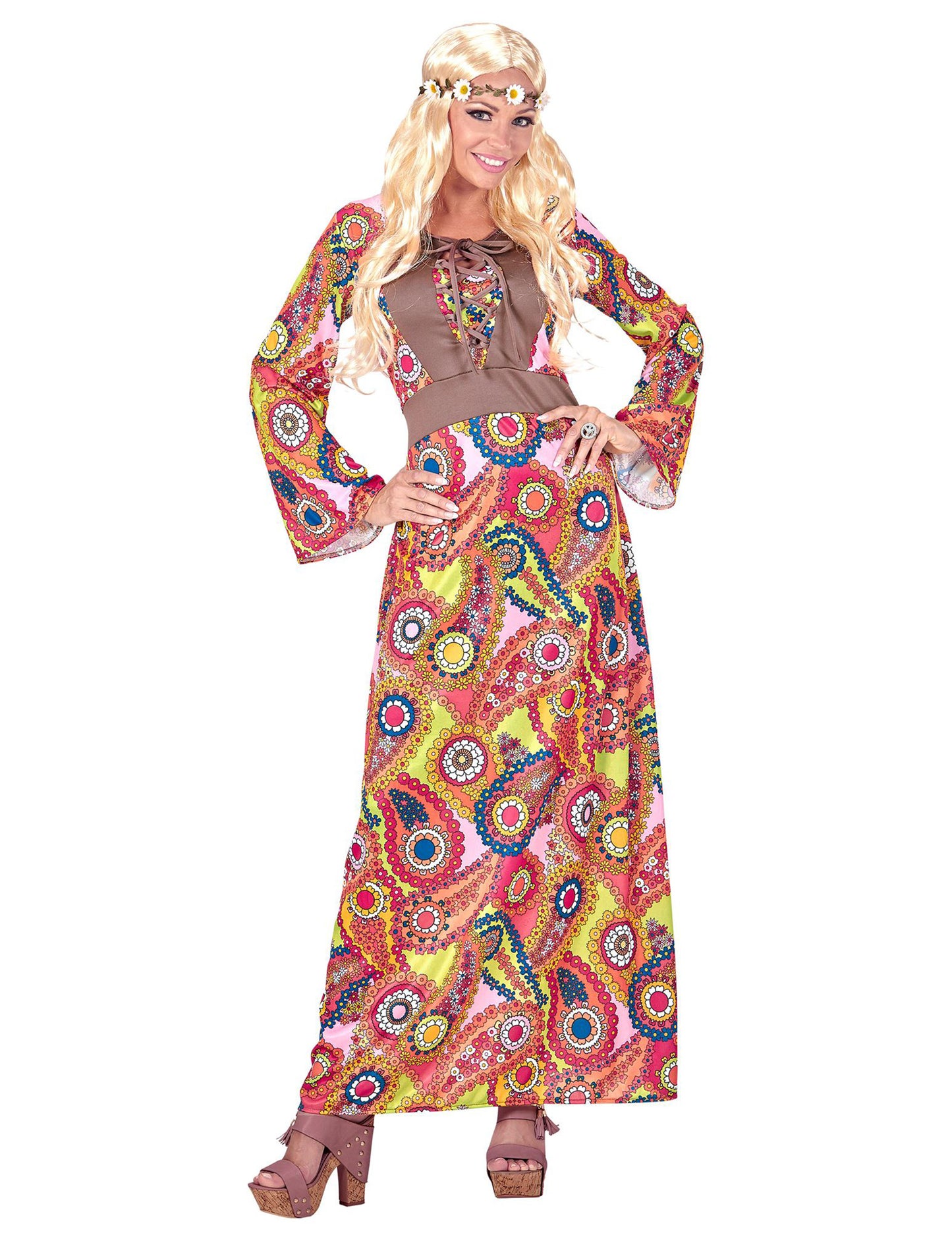 Disfarce vestido comprido hippie colorido mulher