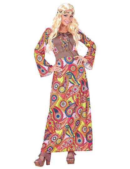 Disfarce vestido comprido hippie colorido mulher