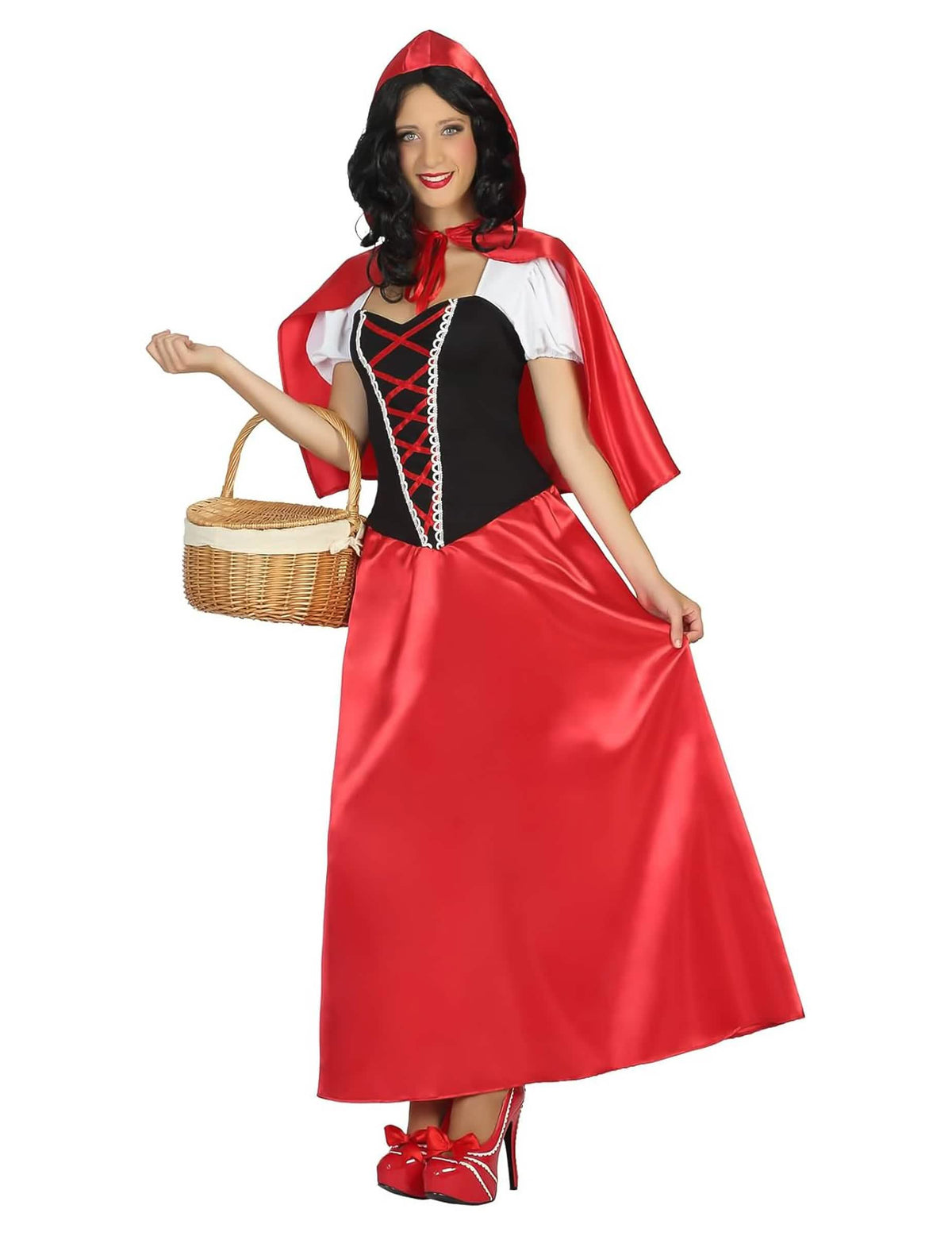 Vue d'ensemble avec panier du déguisement robe longue Petit chaperon