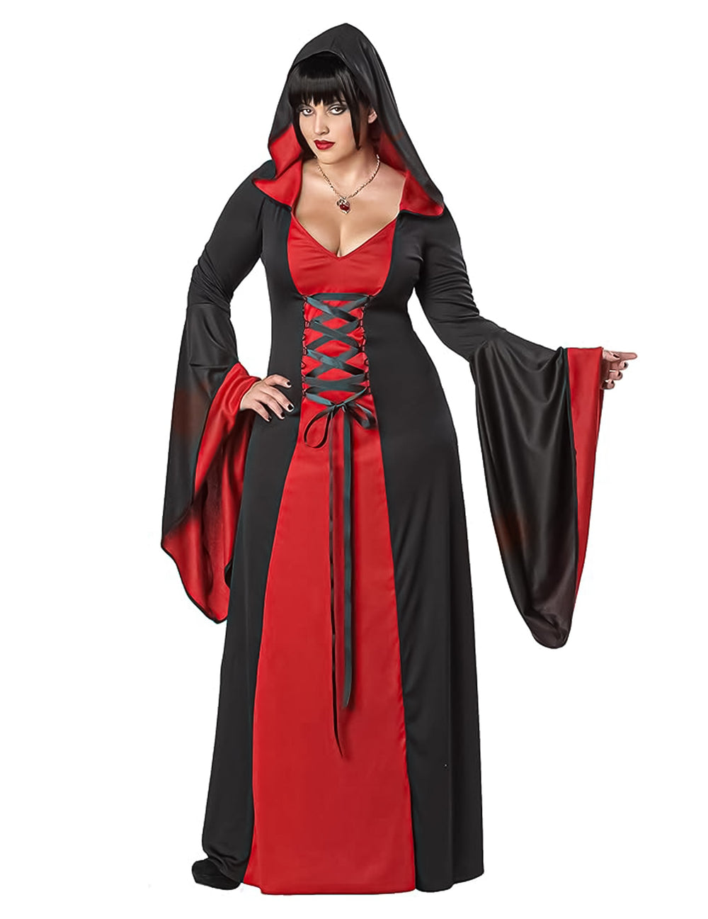 Déguisement robe maléfique à capuche pour femme noir et rouge