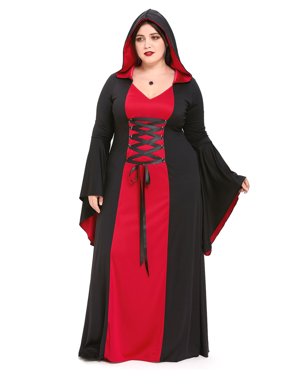 Vue de face du déguisement robe maléfique à capuche
