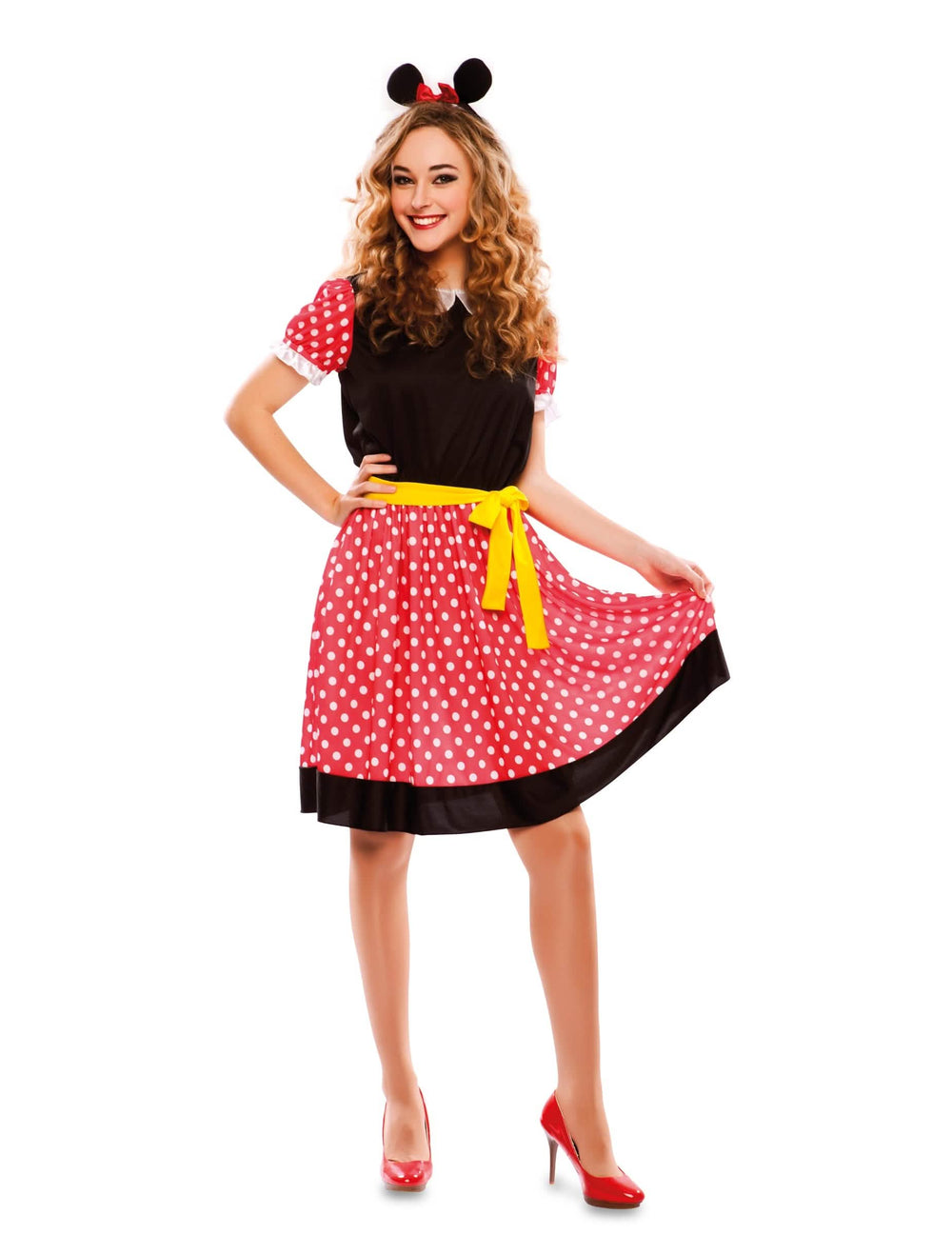 Fato de fantasia de vestido de ratinho fofo para mulher vermelho com pontos brancos com cinto amarelo e orelhas