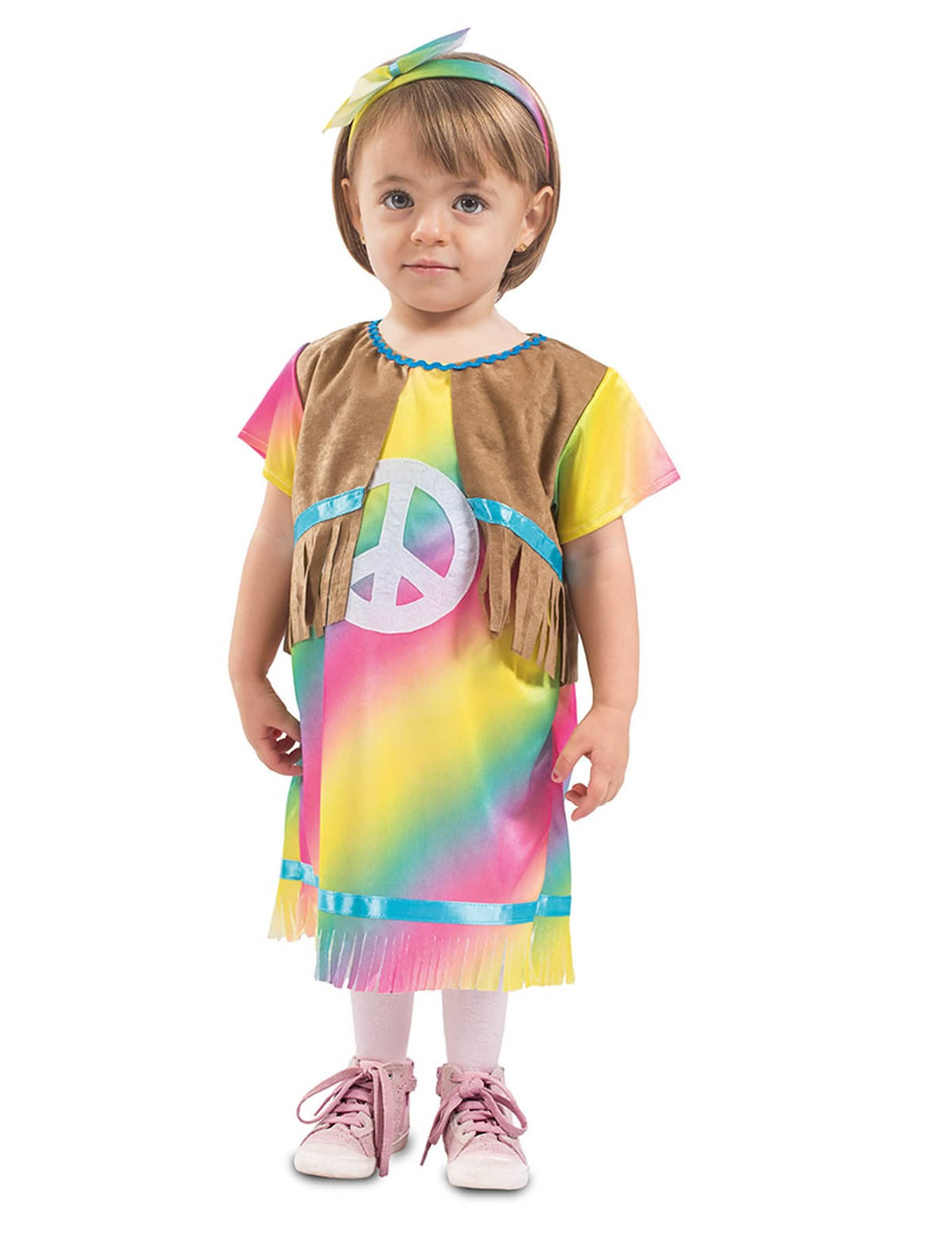 Disfarce vestido hippie para bebé multicores com colete com franjas