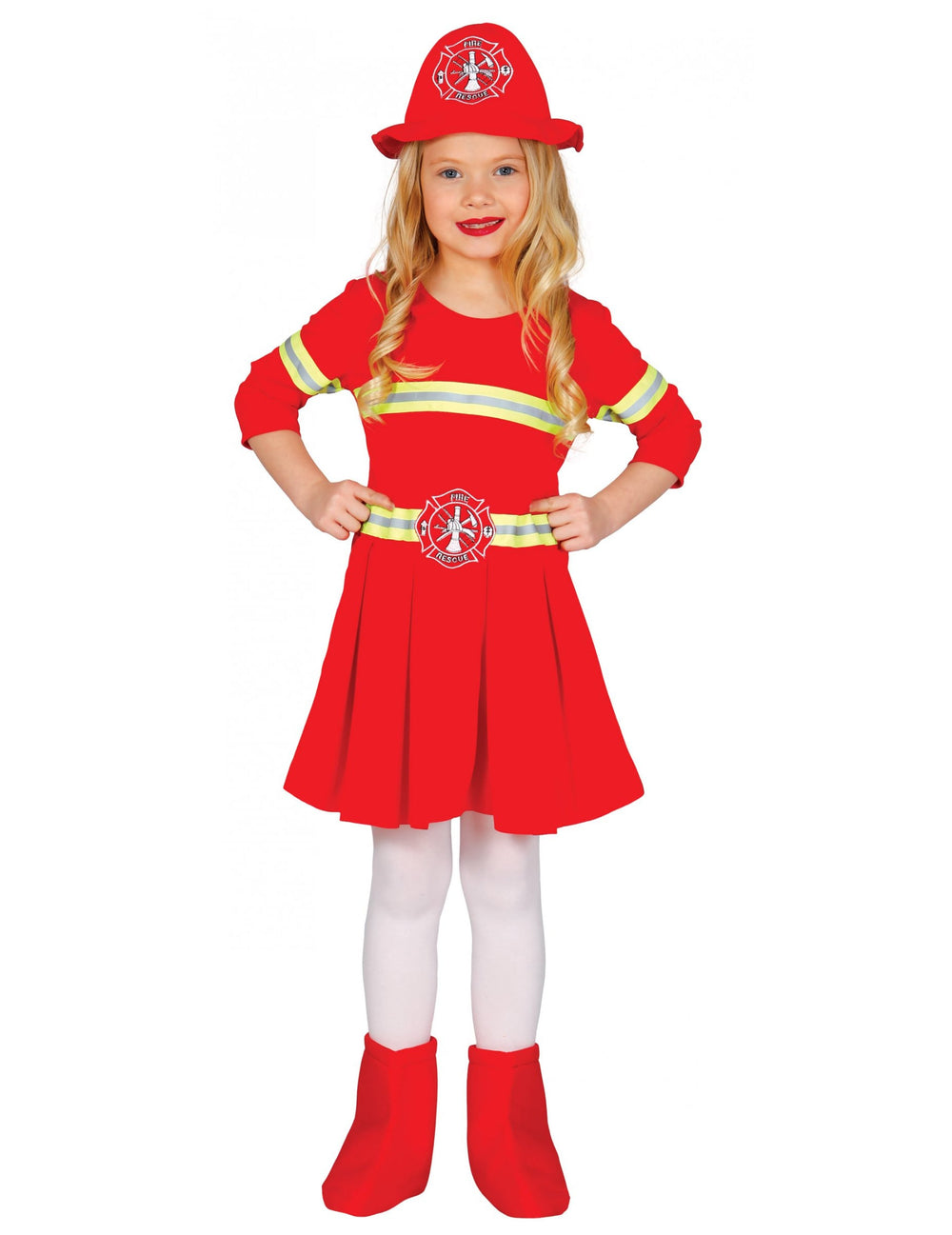 Déguisement robe pompier pour fille rouge avec chapeau et bandes réfléchissantes