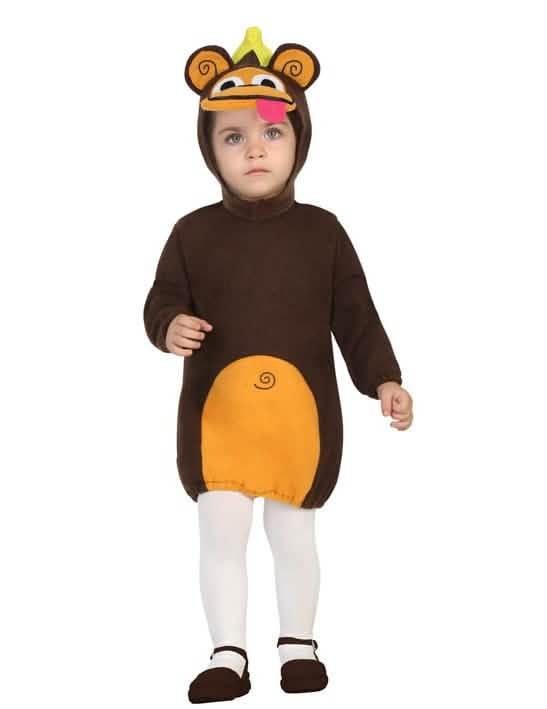 Fato de vestido macaco para bebé castanho e cor de laranja com capuz com cabeça de macaco