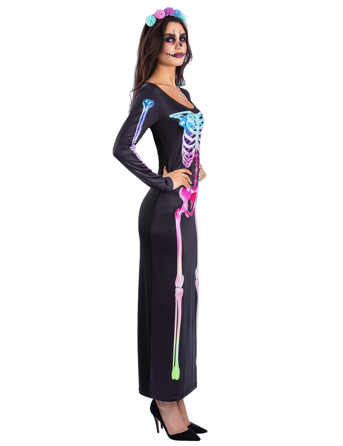 Disfarce vestido esqueleto arco-íris para mulher
