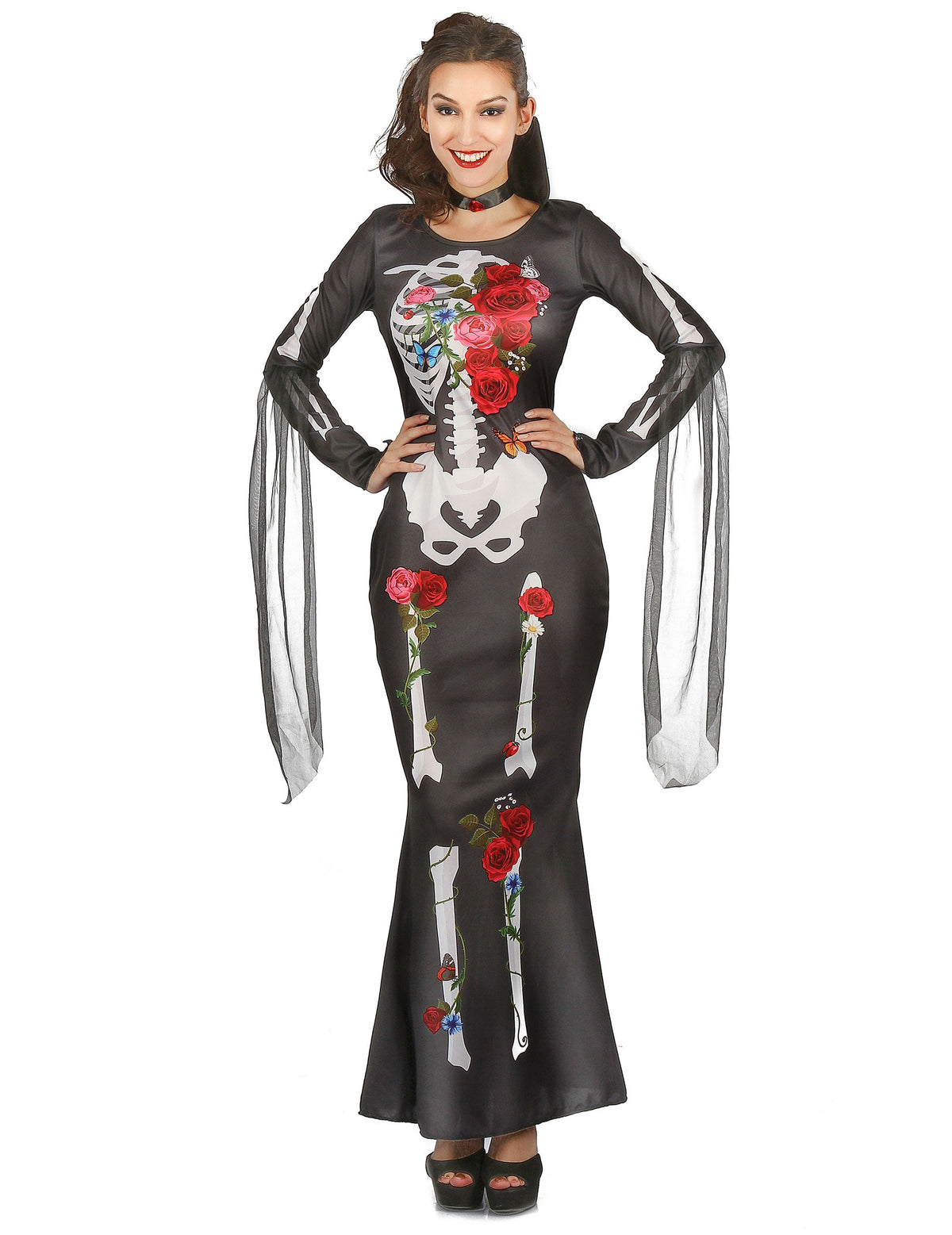 Déguisement robe squelette Dia De los Muertos pour femme noire avec fleurs rouges