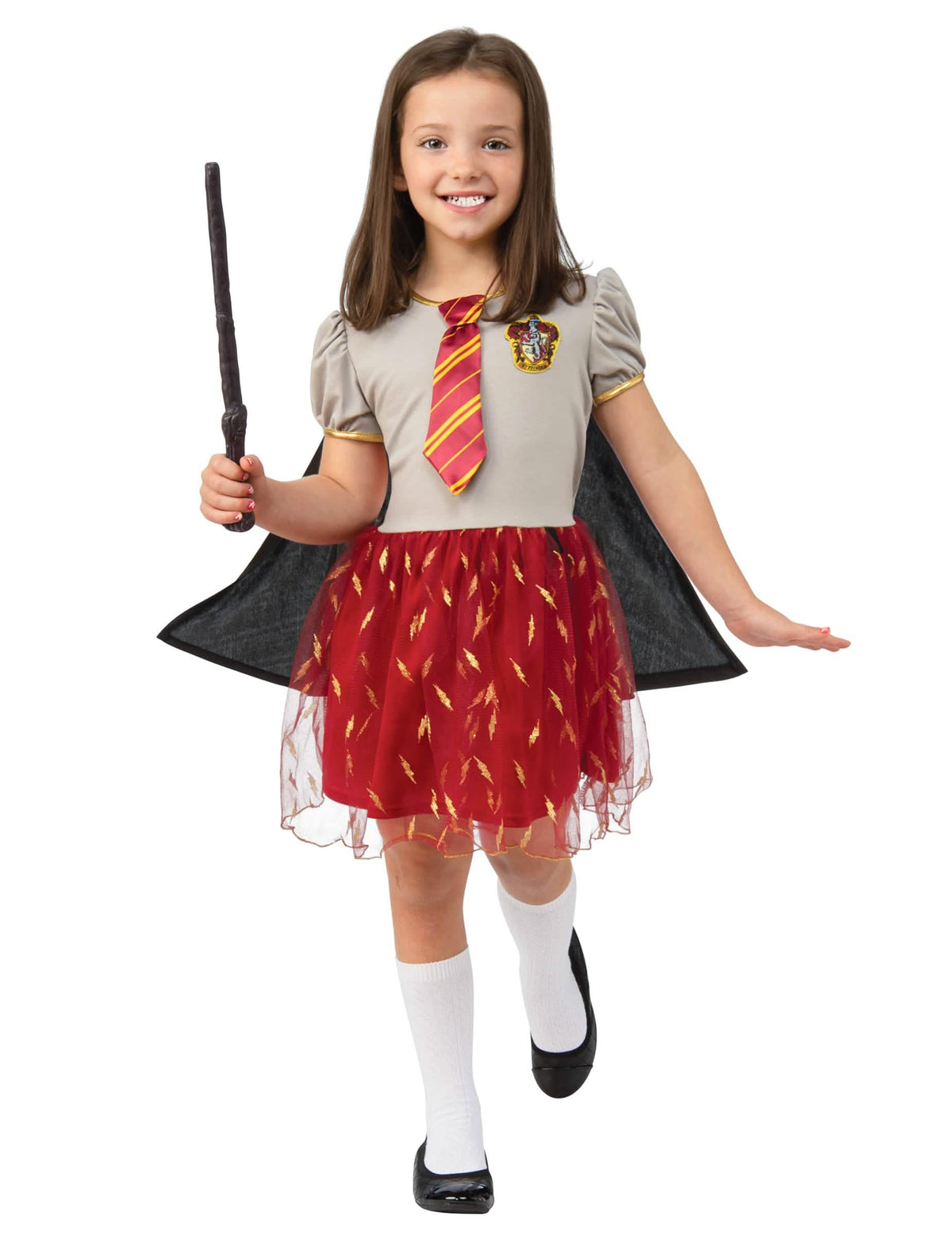 Disfarce de vestido tutu Gryffindor Harry Potter para menina cinzento e vermelho com varinha e capa