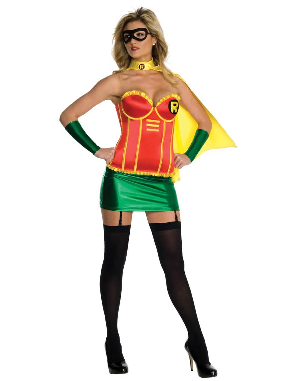 Fato de Robin™ sexy com corpete para mulher vermelho verde e amarelo com capa e máscara de baile