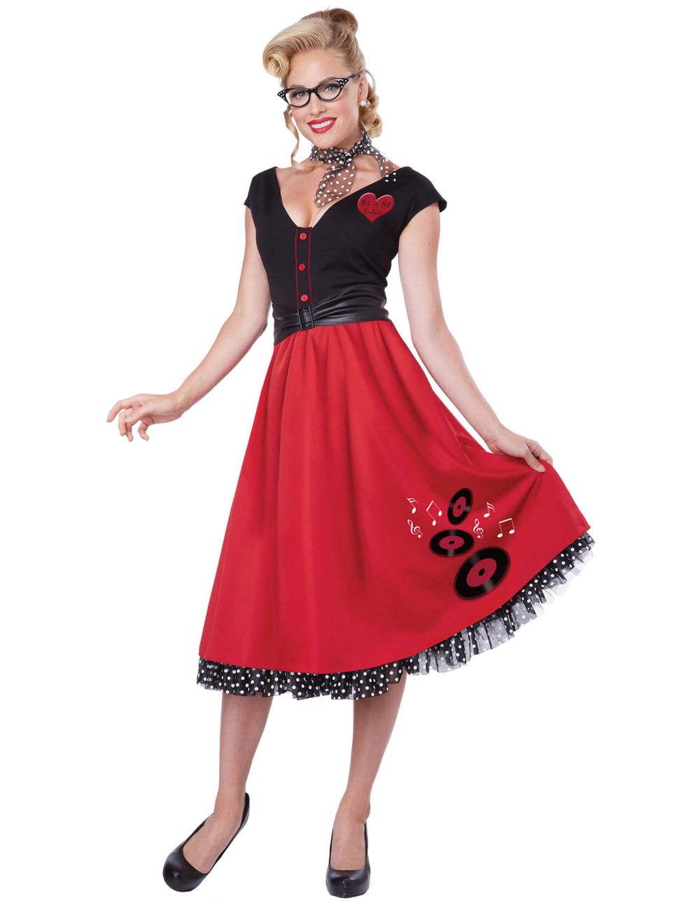 Fato de rock n roll para mulher vermelho e preto com motivos em vinil e lenço às bolinhas