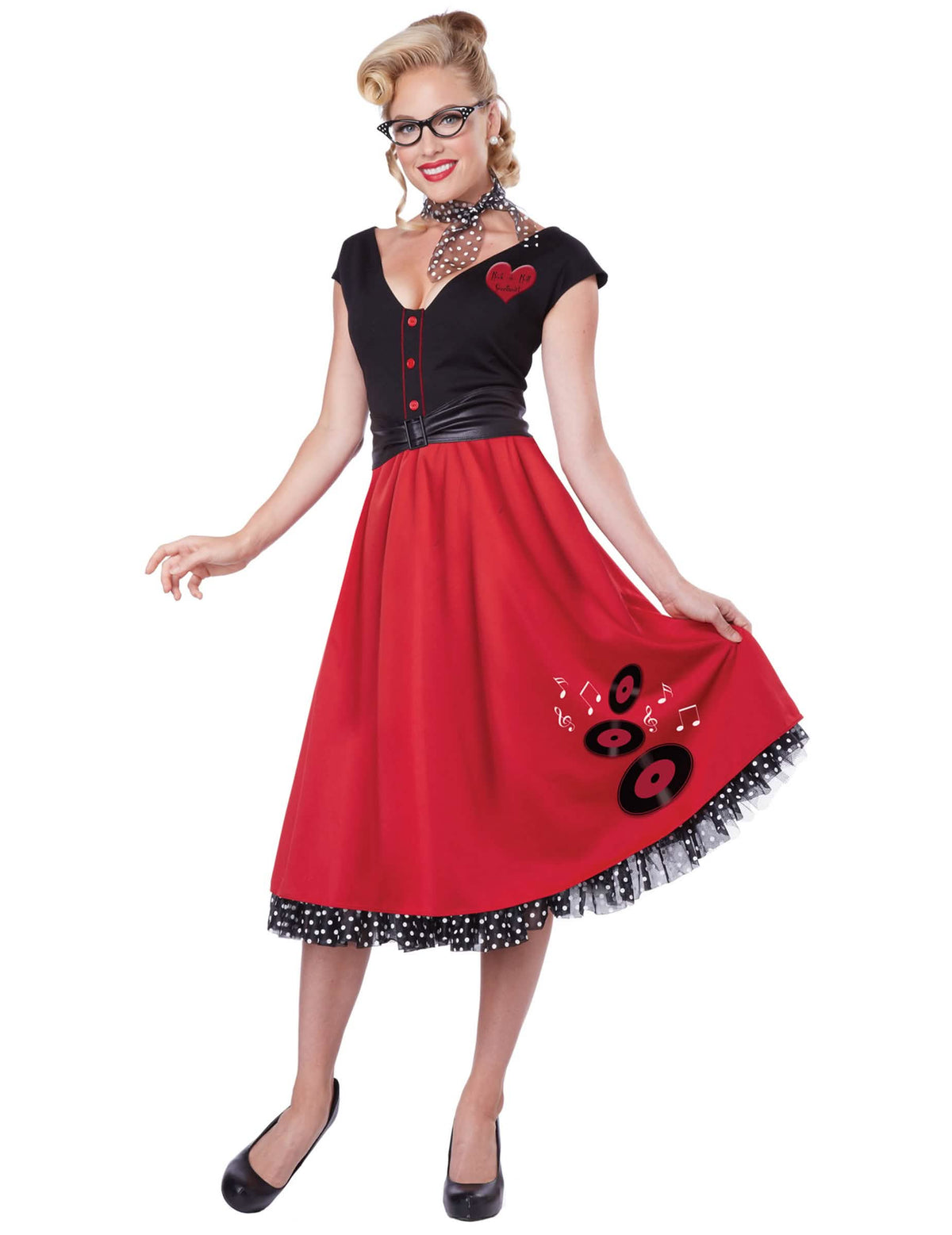 Fato de rock n roll para mulher vermelho e preto com motivos em vinil e lenço às bolinhas