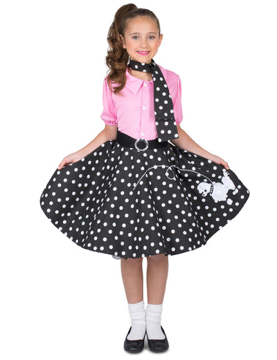 Déguisement rock et roll années 50 pour fille rose et noir à pois avec motif caniche