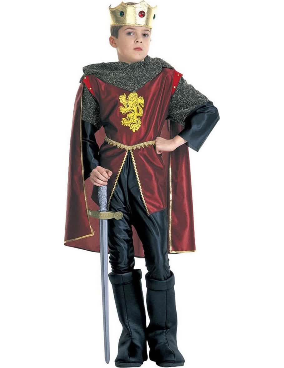 Fato de rei cavaleiro para menino vermelho e dourado com coroa