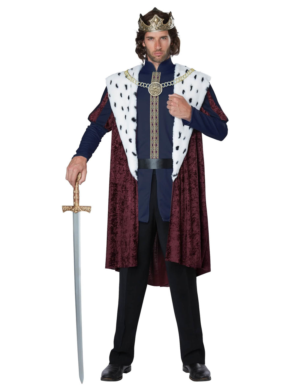 Fato de rei de conto de fadas luxo para homem bordeaux e azul com capa em pele sintética