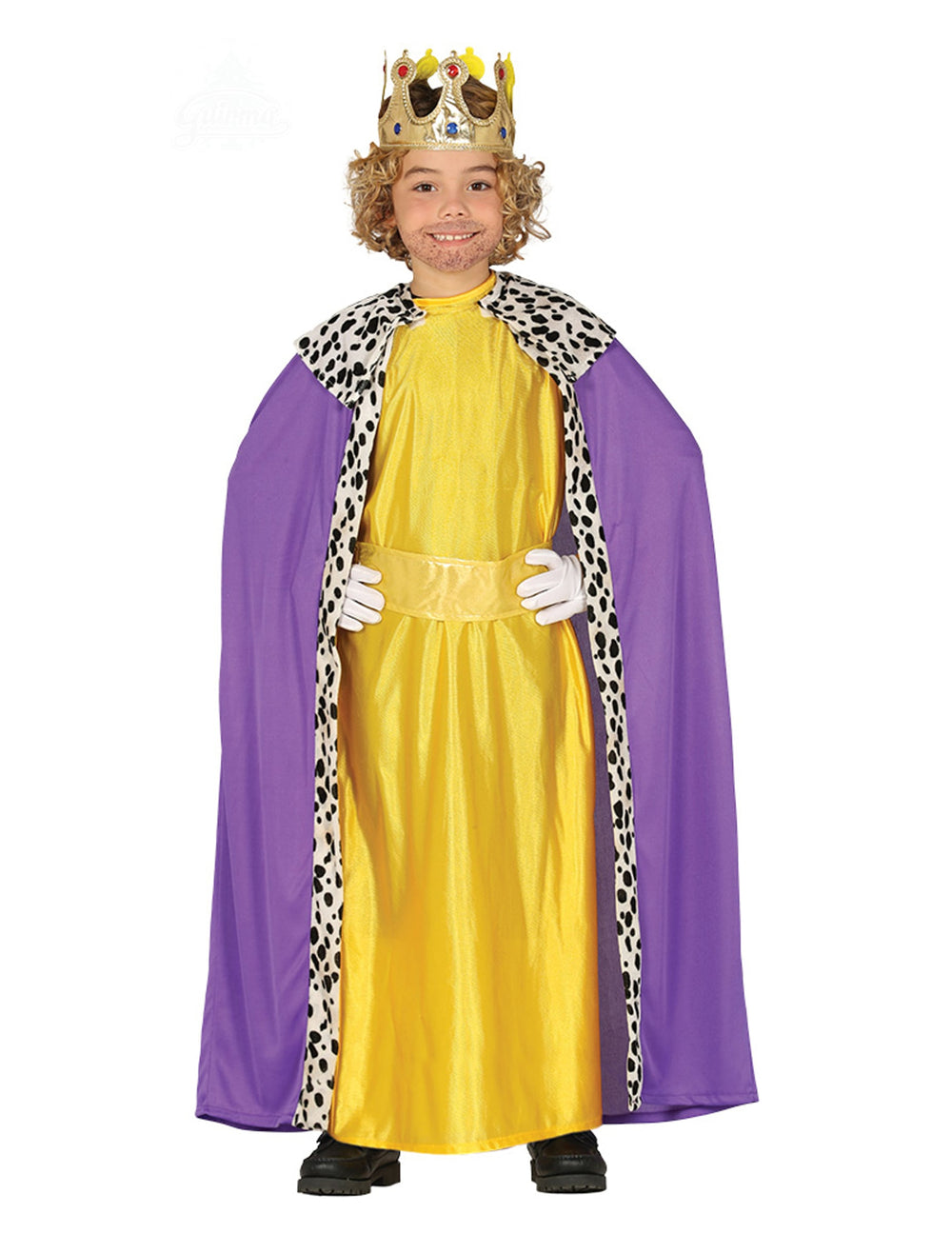 Déguisement de Roi Mage pour enfant jaune avec cape violette et couronne dorée