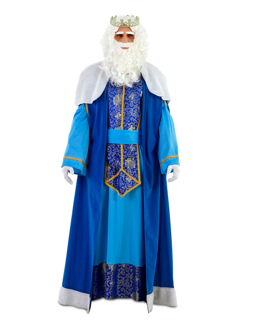 Déguisement Roi Mage Melchior pour adulte bleu luxe avec cape et bordure en fourrure blanche