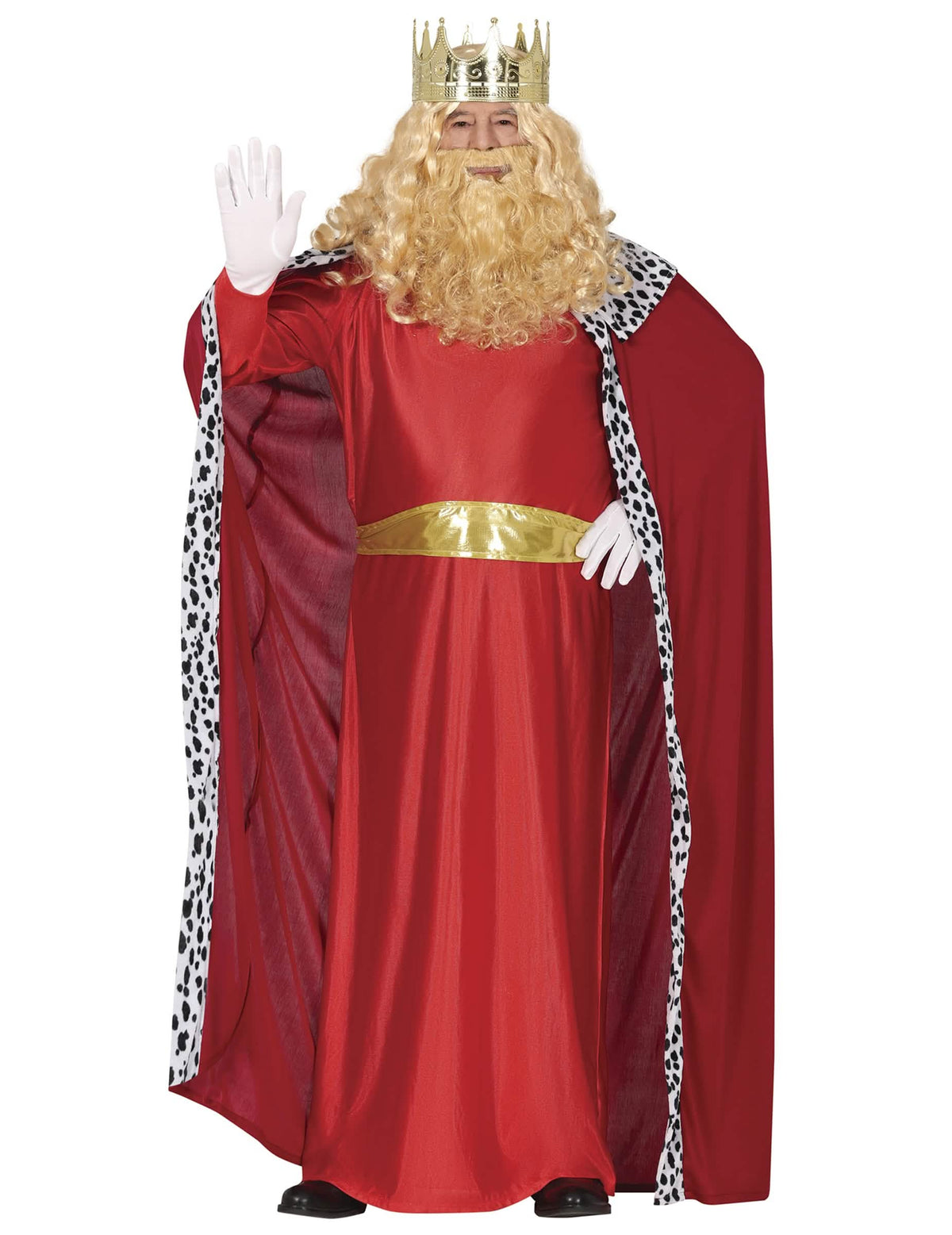 Fato de rei mago para adulto vermelho com capa com orla de arminho e coroa dourada