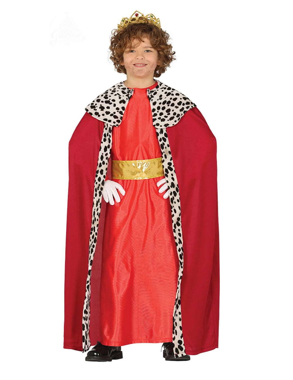 Fato de rei Mago para criança vermelho com capa de arminho e coroa dourada