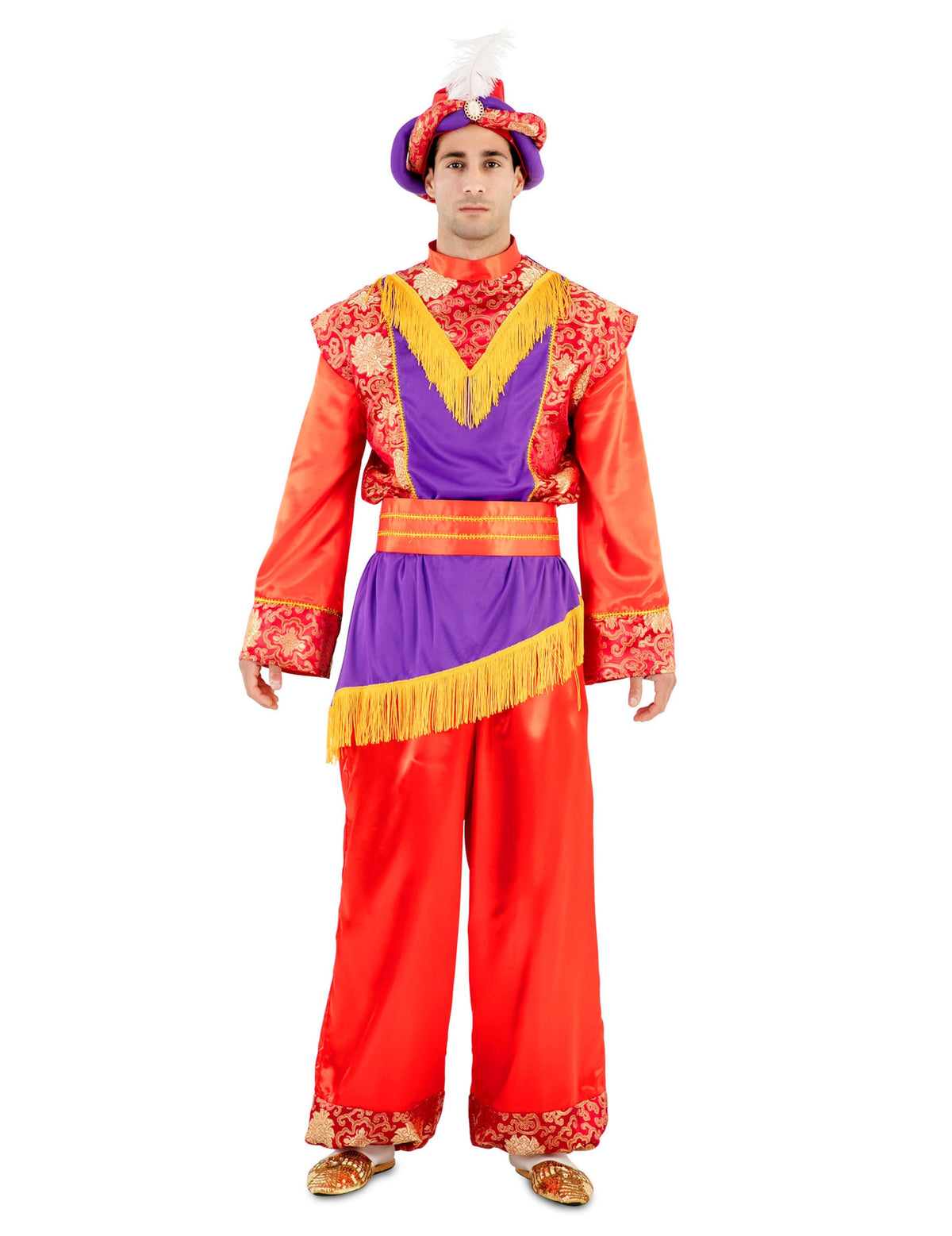 Déguisement Roi Mage sultan pour adulte rouge et violet avec turban à plume